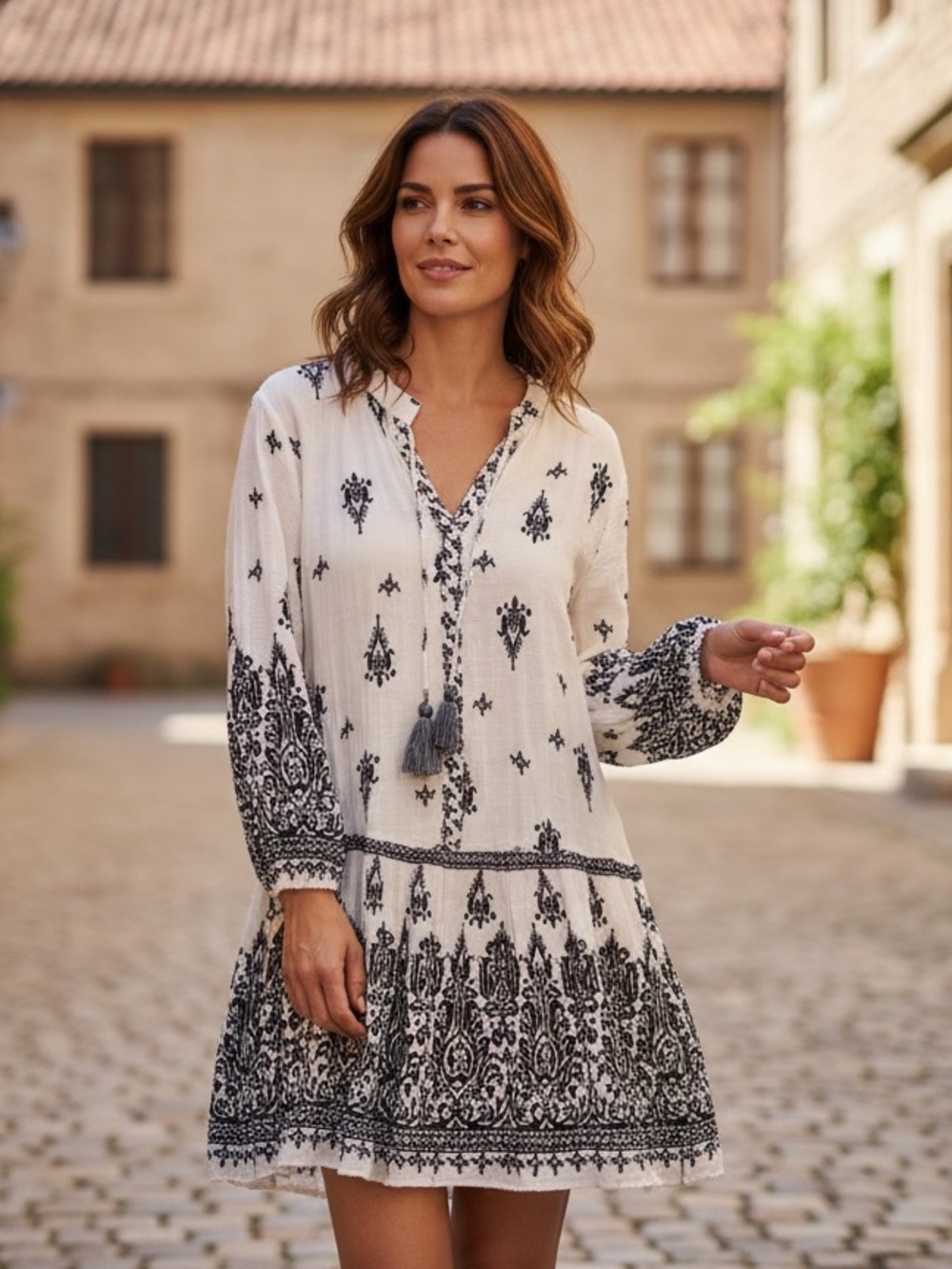 Zara Boho White Printed Tunic Dress with Black size XL 100% cotton